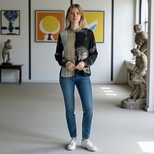 Citron Santa Monica Black Silk Floral Striped Button Down Top